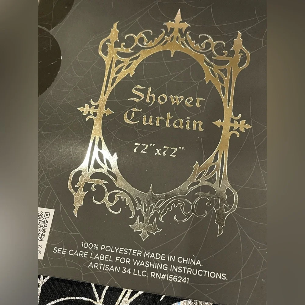 WANDERLUST DREAMS NWT Black W/Metallic Silver Spiders Halloween Shower Curtain